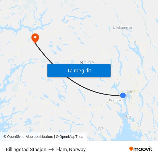 Billingstad Stasjon to Flam, Norway map
