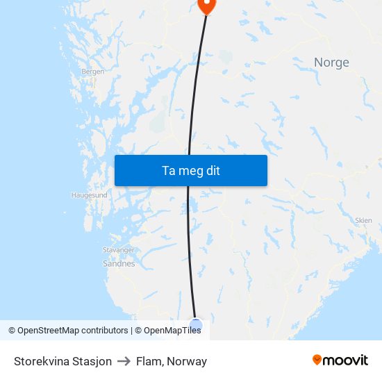 Storekvina Stasjon to Flam, Norway map