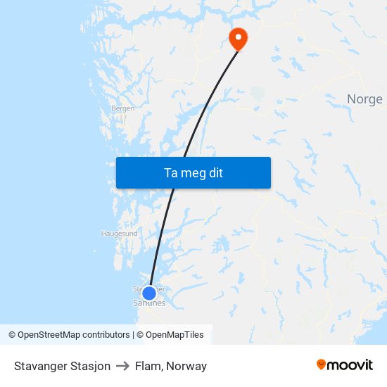 Stavanger Stasjon to Flam, Norway map