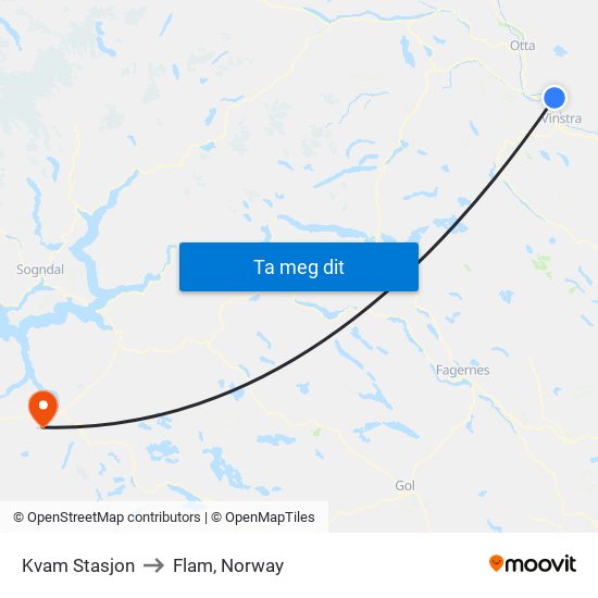 Kvam Stasjon to Flam, Norway map