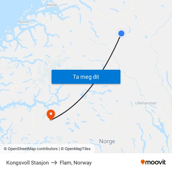 Kongsvoll Stasjon to Flam, Norway map