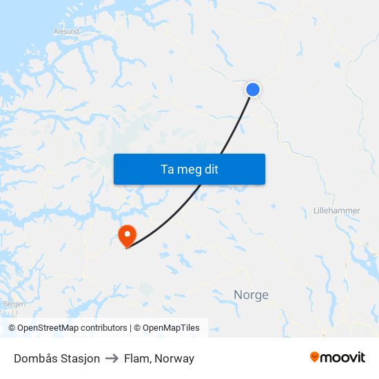 Dombås Stasjon to Flam, Norway map