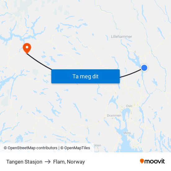 Tangen Stasjon to Flam, Norway map