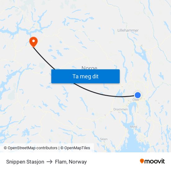 Snippen Stasjon to Flam, Norway map