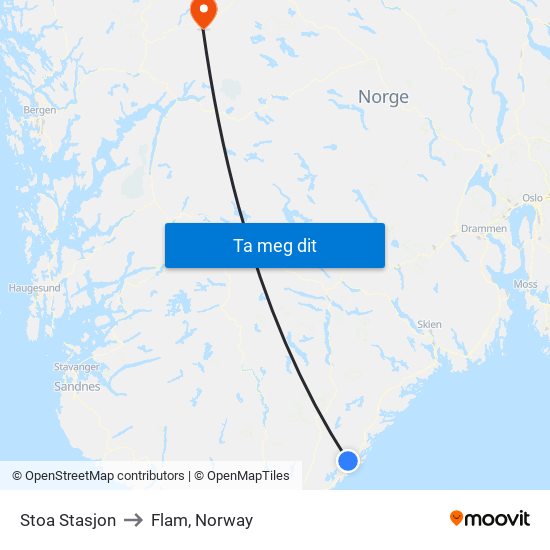 Stoa Stasjon to Flam, Norway map