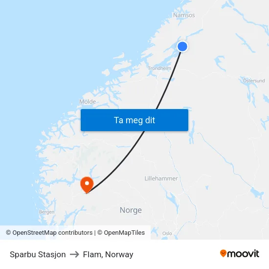 Sparbu Stasjon to Flam, Norway map
