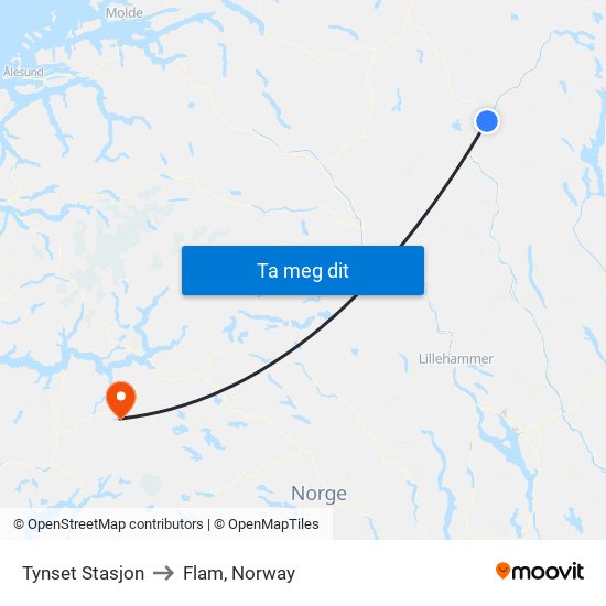 Tynset Stasjon to Flam, Norway map