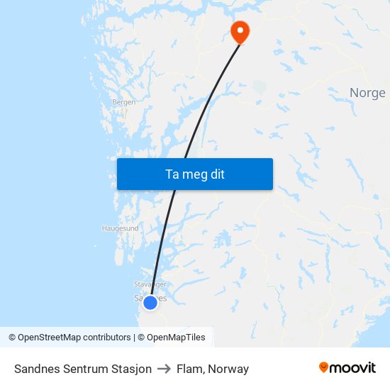 Sandnes Sentrum Stasjon to Flam, Norway map