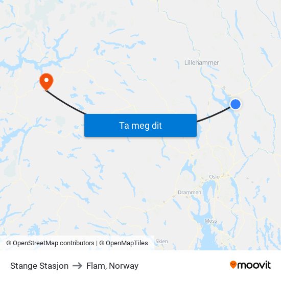 Stange Stasjon to Flam, Norway map