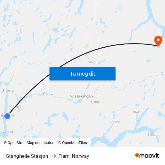 Stanghelle Stasjon to Flam, Norway map