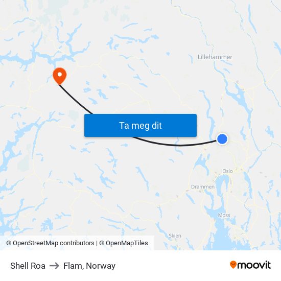 Shell Roa to Flam, Norway map