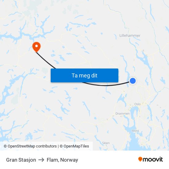 Gran Stasjon to Flam, Norway map