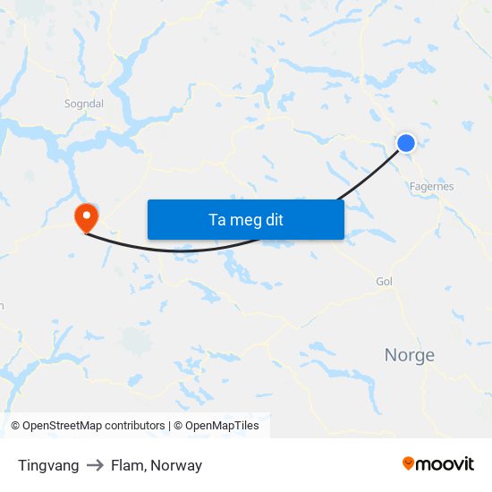 Tingvang to Flam, Norway map