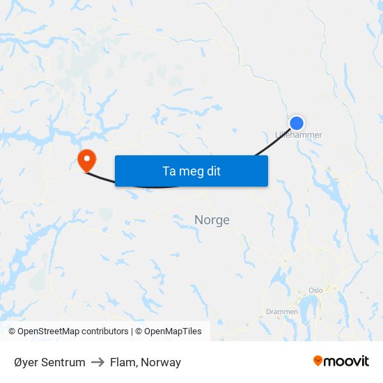 Øyer Sentrum to Flam, Norway map