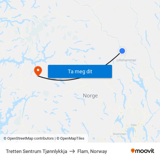 Tretten Sentrum Tjønnlykkja to Flam, Norway map