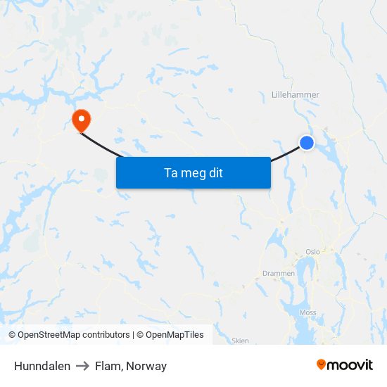 Hunndalen to Flam, Norway map