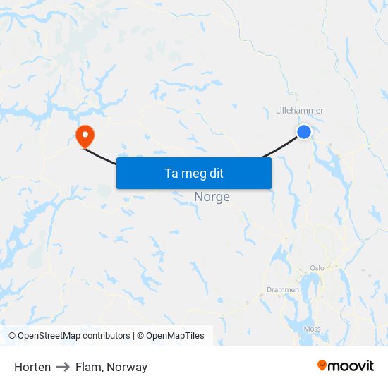 Horten to Flam, Norway map