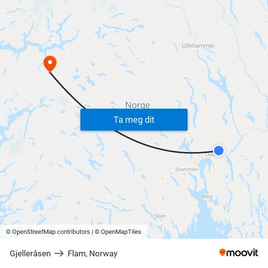 Gjelleråsen to Flam, Norway map