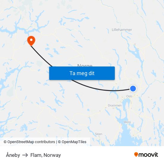 Åneby to Flam, Norway map