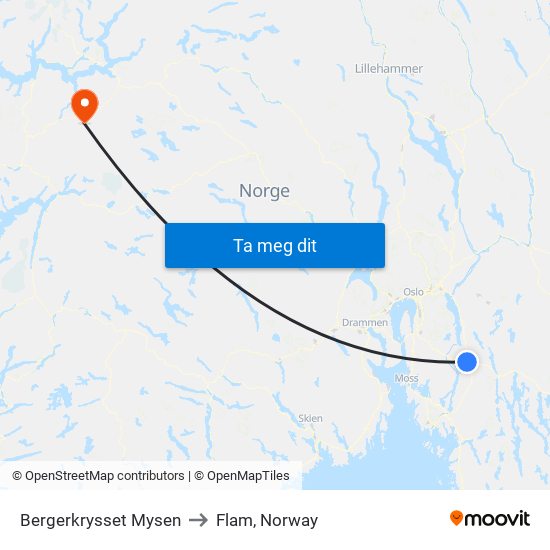 Bergerkrysset Mysen to Flam, Norway map