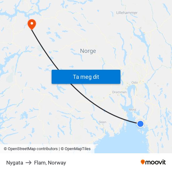 Nygata to Flam, Norway map