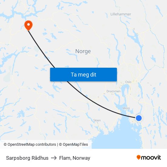 Sarpsborg Rådhus to Flam, Norway map