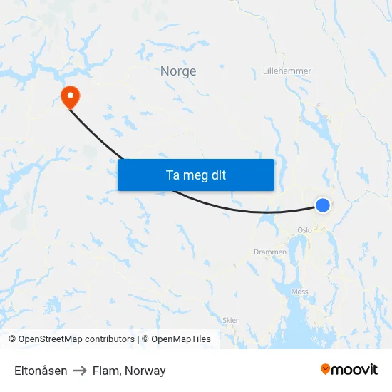 Eltonåsen to Flam, Norway map