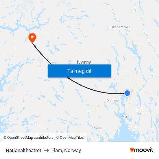 Nationaltheatret to Flam, Norway map