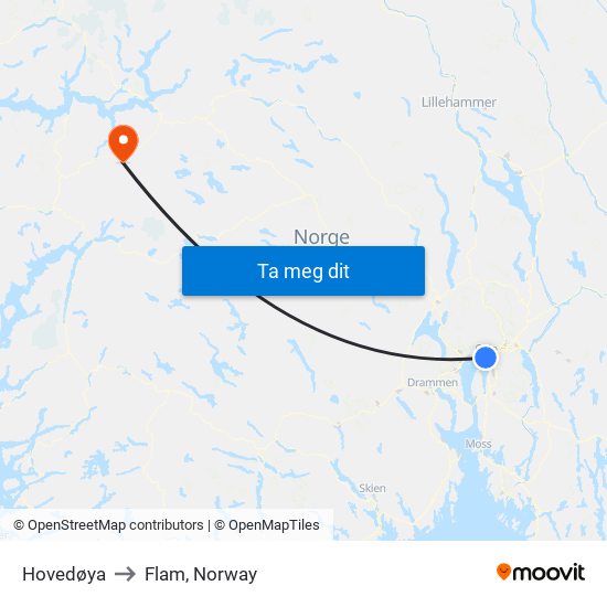 Hovedøya to Flam, Norway map