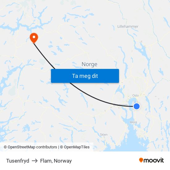 Tusenfryd to Flam, Norway map