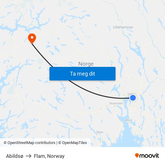 Abildsø to Flam, Norway map