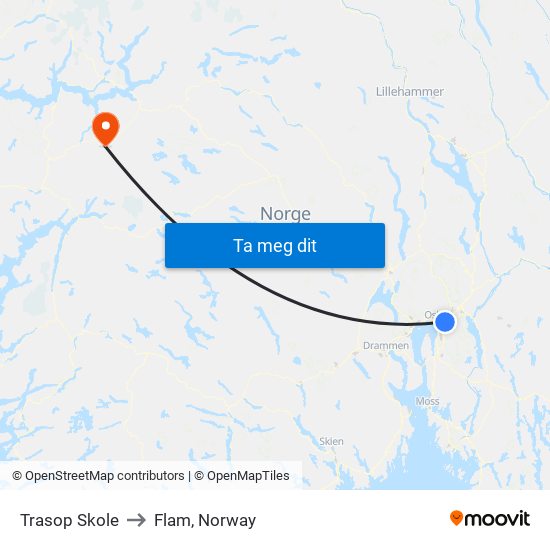 Trasop Skole to Flam, Norway map