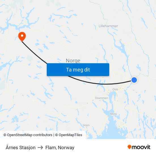 Årnes Stasjon to Flam, Norway map