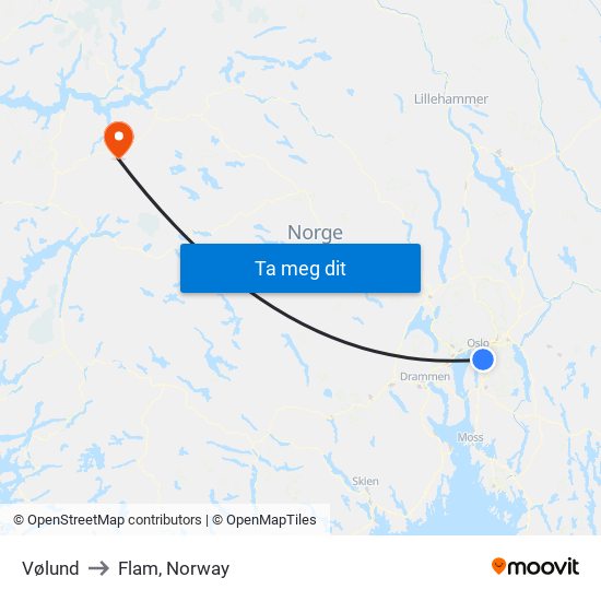 Vølund to Flam, Norway map