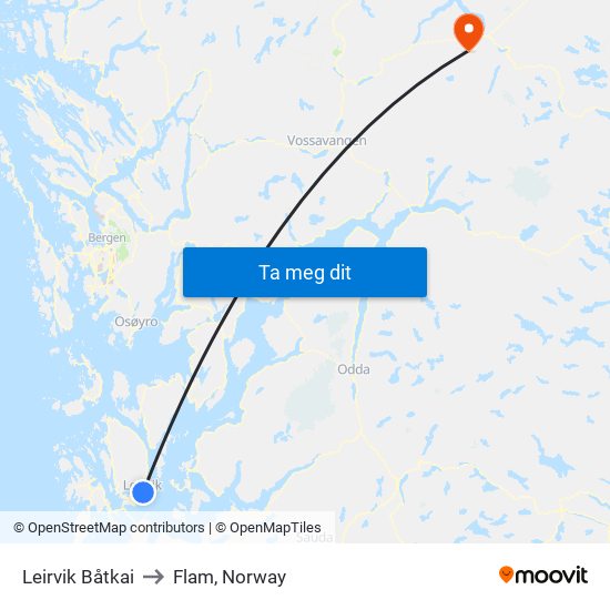 Leirvik Båtkai to Flam, Norway map