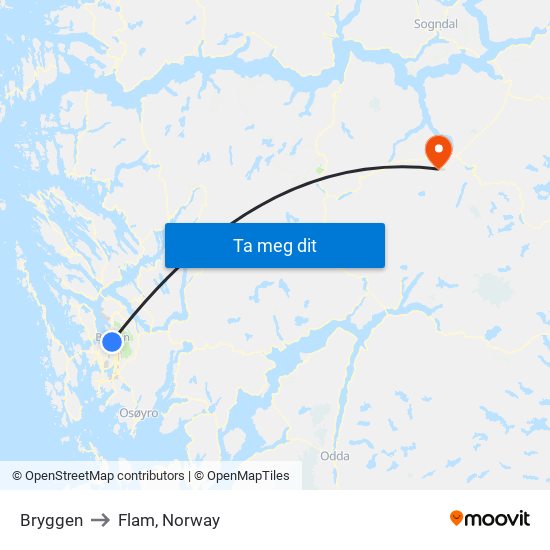 Bryggen to Flam, Norway map