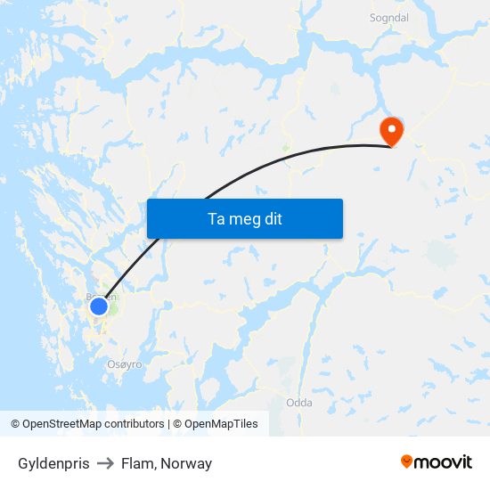 Gyldenpris to Flam, Norway map
