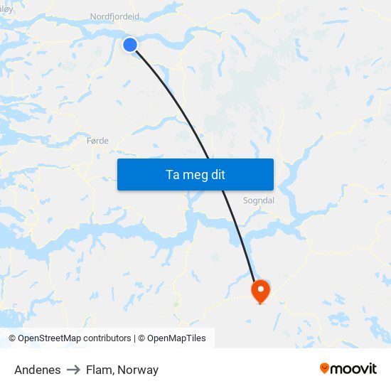 Andenes to Flam, Norway map