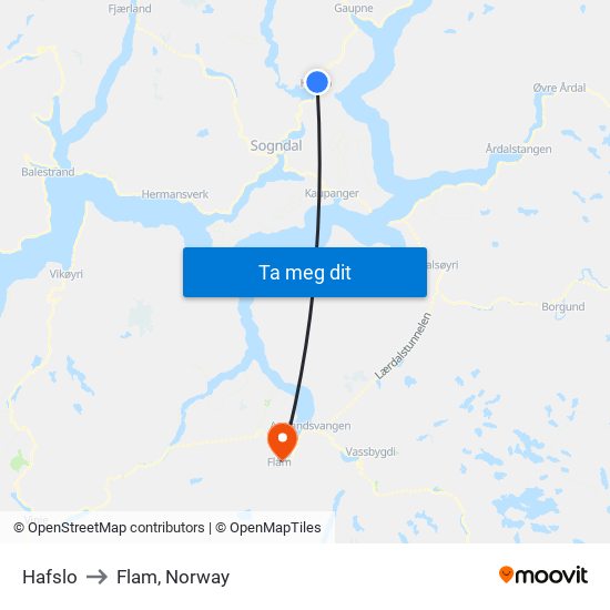 Hafslo to Flam, Norway map