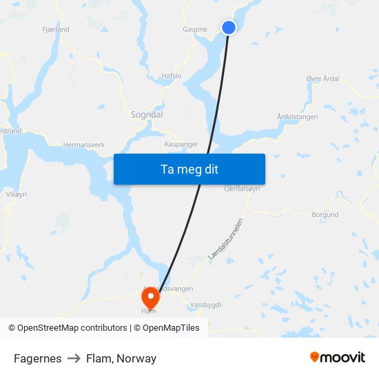 Fagernes to Flam, Norway map