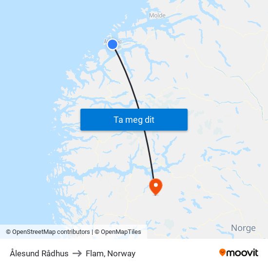 Ålesund Rådhus to Flam, Norway map