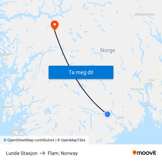 Lunde Stasjon to Flam, Norway map