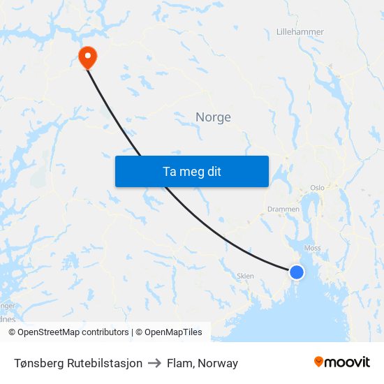 Tønsberg Rutebilstasjon to Flam, Norway map