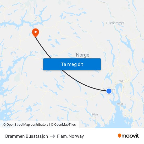 Drammen Busstasjon to Flam, Norway map