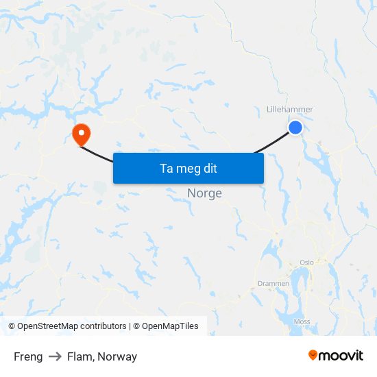 Freng to Flam, Norway map