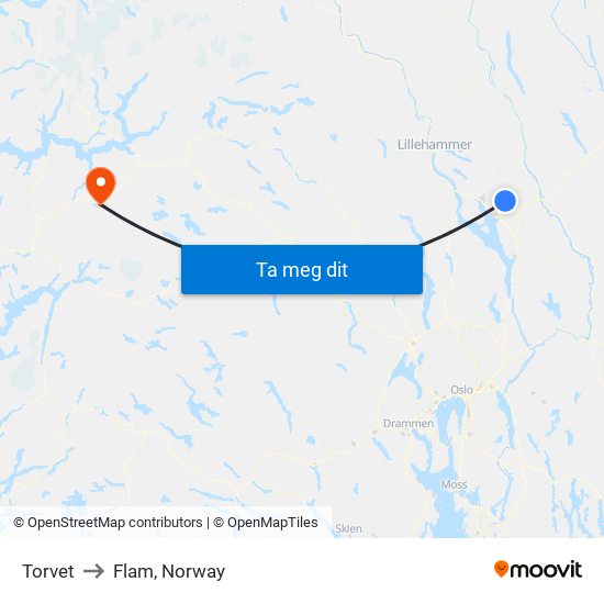 Torvet to Flam, Norway map