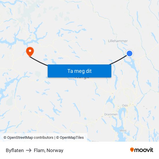 Byflaten to Flam, Norway map