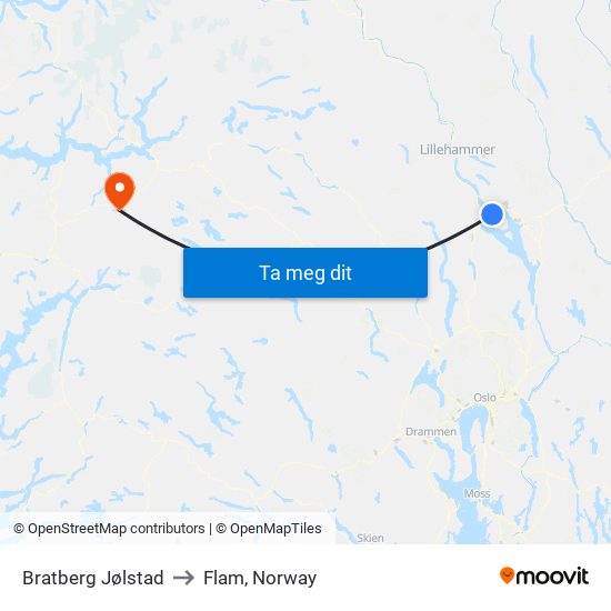Bratberg Jølstad to Flam, Norway map