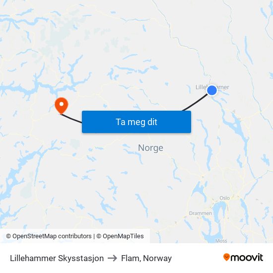 Lillehammer Skysstasjon to Flam, Norway map