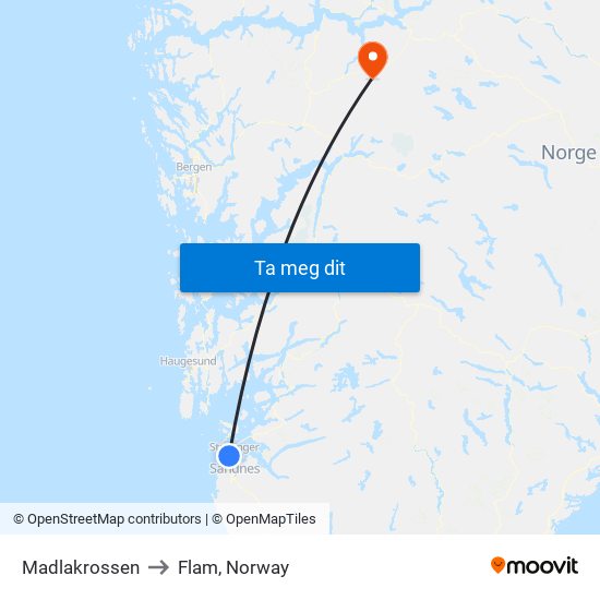 Madlakrossen to Flam, Norway map